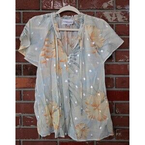 Alex & Parker Blouse Chiffon Women Sz L Peach Blue White Tropical Summer Top EUC